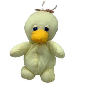 Vtg Yellow Plush Duck Stuffed Toy Easter Pink Ribbon Bow 7" Taiwan Nylon MTY
